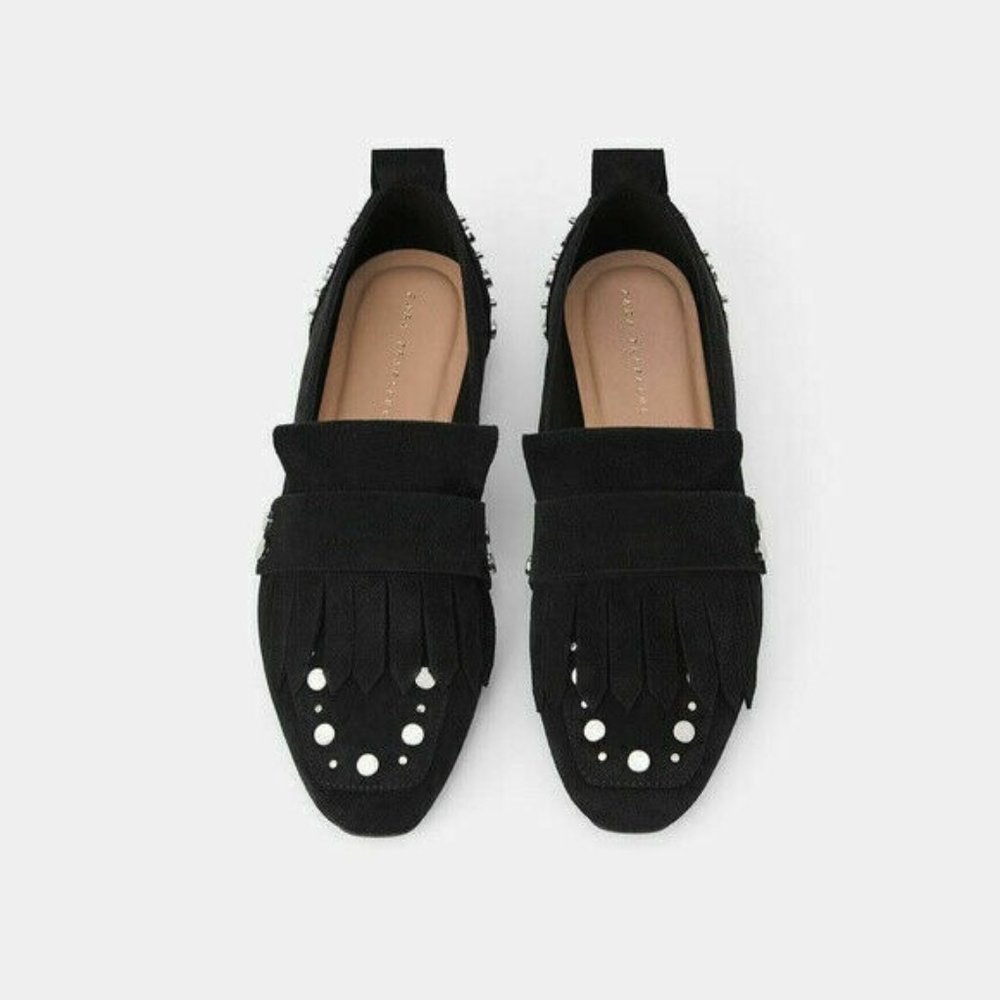 Zara Black Suede Fringe Studded Loafers